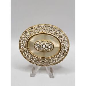Vintage Pastelli Filigree Mother of Pearl Brooch Oval 1950s Signed